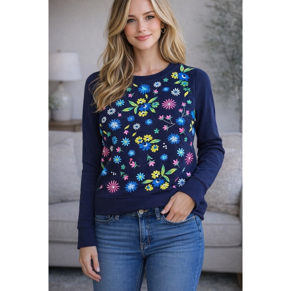 Lilly Pulitzer‎ Navy Blue Floral Embroidered Sweatshirt Cotton French Terry L